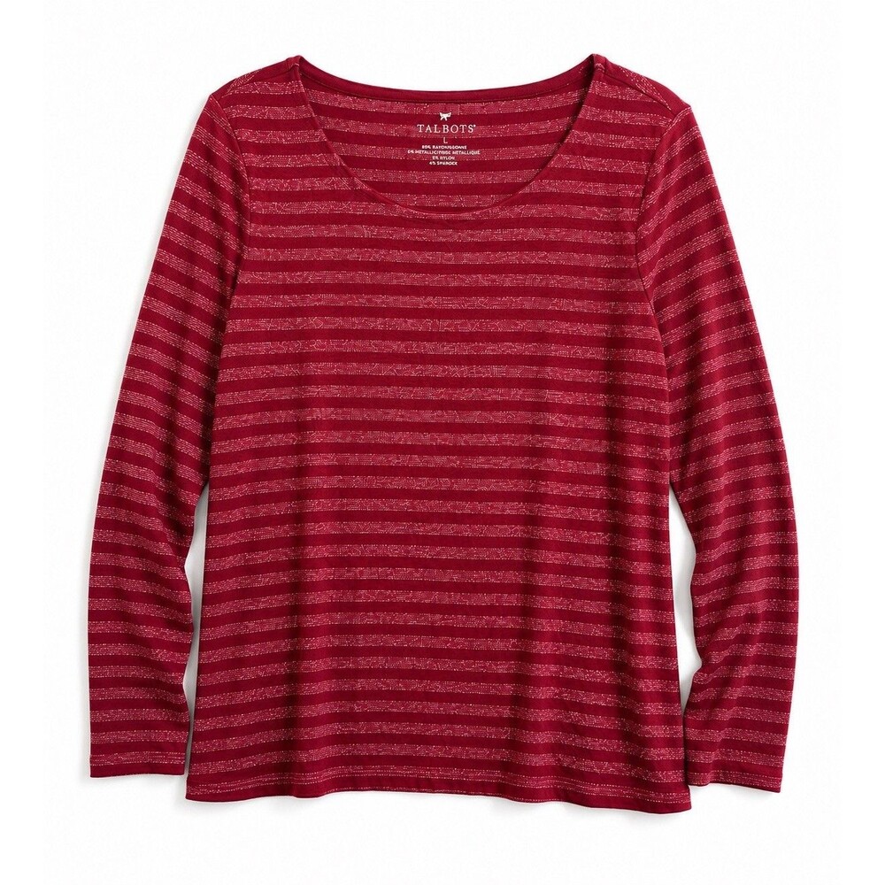 Talbots Womens M Red/Silver Glitter Striped Knit Scoop Neck Top